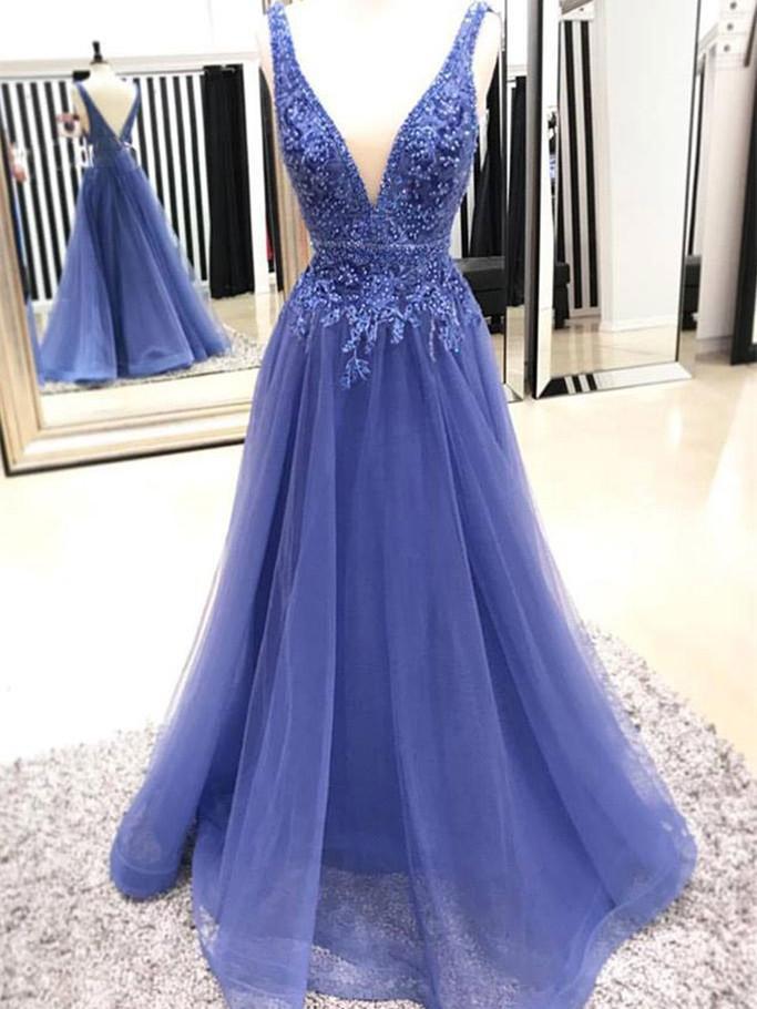 BohoProm prom dresses A-line Deep-V Floor-length Organza Prom Dresses With Beading HX00159