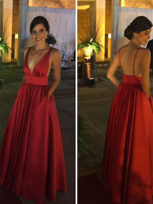 BohoProm prom dresses A-line Deep-V Floor-Length Satin Red Simple Prom Dresses HX0086
