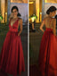A-line Deep-V Floor-Length Satin Red Simple Prom Dresses HX0086