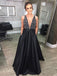BohoProm prom dresses A-line Deep-V Floor-Length Satin Rhine Stone Black Prom Dress 3092