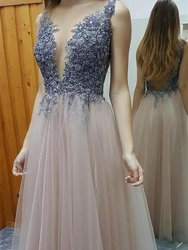 BohoProm prom dresses A-line Deep-V Floor-length Tulle Appliqued Prom Dresses HX00148