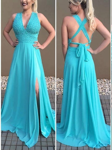 BohoProm prom dresses A-line Deep-V Sweep Train Chiffon  Beaded Elegant Prom Dresses 2786