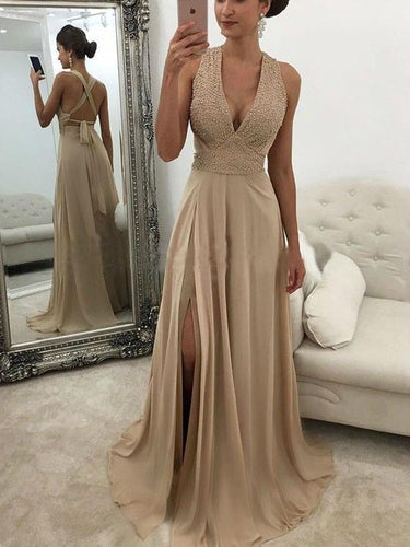 BohoProm prom dresses A-line Deep-V Sweep Train Chiffon Prom Dresses With Beading HX0073