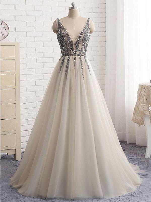 BohoProm prom dresses A-line Deep-V Sweep Train Chiffon Sequin Ivory Prom Dresses ASD26797