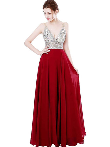 BohoProm prom dresses A-line Deep-V  Sweep Train Chiffon Sequined  Red Prom Dresses 3027