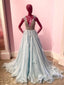 A-line Deep-V Sweep Train Organza Sequined Beaded Prom Dresses 2812