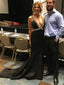 A-line Deep-V Sweep Train Satin Black Simple Prom Dresses HX0089