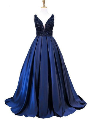 BohoProm prom dresses A-line Deep-V  Sweep Train Satin Rhine Stone Beaded Prom Dresses 3028