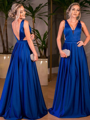 BohoProm prom dresses A-line Deep-V Sweep Train Satin Royal Blue Prom Dress 3065