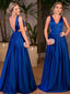 A-line Deep-V Sweep Train Satin Royal Blue Evening Dresses 3065