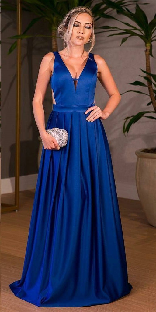 BohoProm prom dresses A-line Deep-V Sweep Train Satin Royal Blue Prom Dress 3065