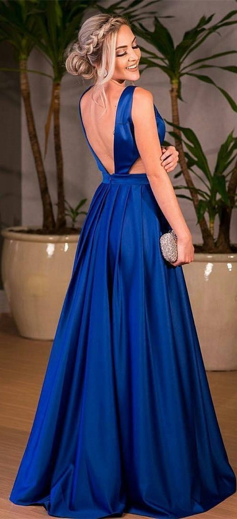 BohoProm prom dresses A-line Deep-V Sweep Train Satin Royal Blue Prom Dress 3065