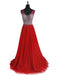 BohoProm prom dresses A-line Deep-V Sweep Train Tulle Beaded Sequined Red Prom Dress 3120