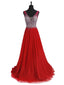 A-line Deep-V Sweep Train Tulle Beaded Sequined Red Prom Dress 3120
