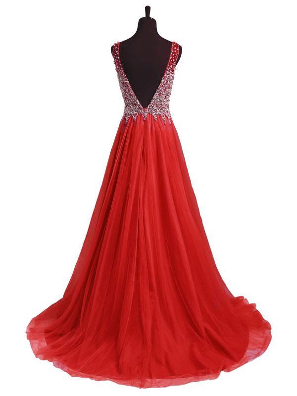 BohoProm prom dresses A-line Deep-V Sweep Train Tulle Beaded Sequined Red Prom Dress 3120