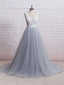 A-line Deep-V Sweep Train Tulle Lace Beaded Prom Dresses ABC00034