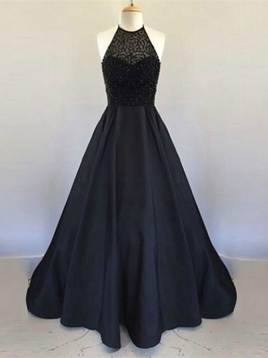 BohoProm prom dresses A-line Halter Floor-Length Satin Beaded Black Prom Dresses ABC00024