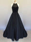 A-line Halter Floor-Length Satin Beaded Black Prom Dresses ABC00024