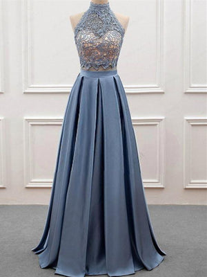 BohoProm prom dresses A-line Halter Floor-Length Satin Prom Dresses With Appliques HX00106