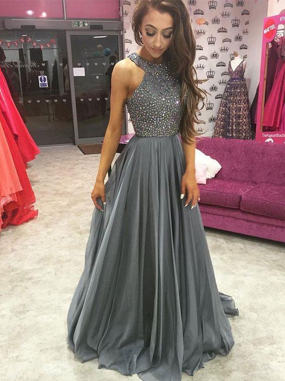BohoProm prom dresses A-line Halter Floor-Length Satin Prom Dresses With Sequins HX0064