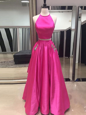BohoProm prom dresses A-line Halter Floor-Length Satin Rhine Stone Prom Dress 3103