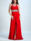 A-line Halter Floor-Length Satin Sequined Red Prom Dresses 2928