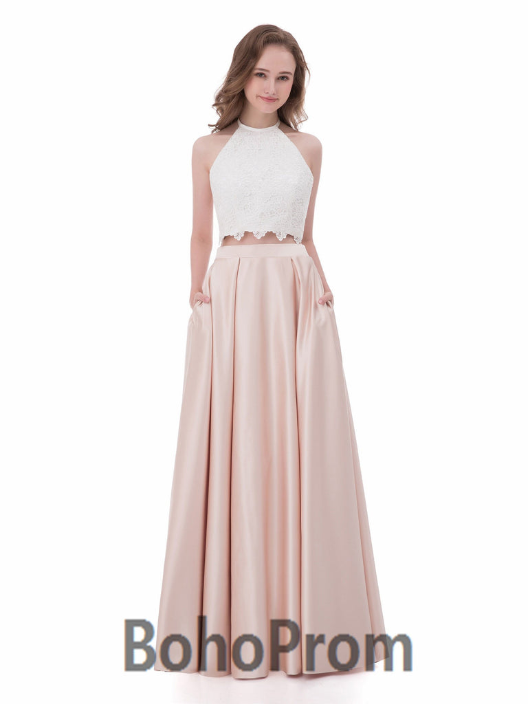 BohoProm prom dresses A-line Halter Floor-Length Satin Two Piece prom Dresses 3052
