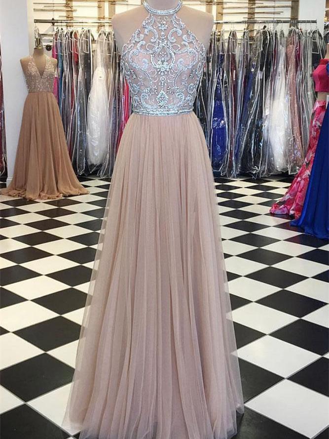 BohoProm prom dresses A-line Halter Floor-length Tulle Prom Dresses With Rhine Stones HX00158