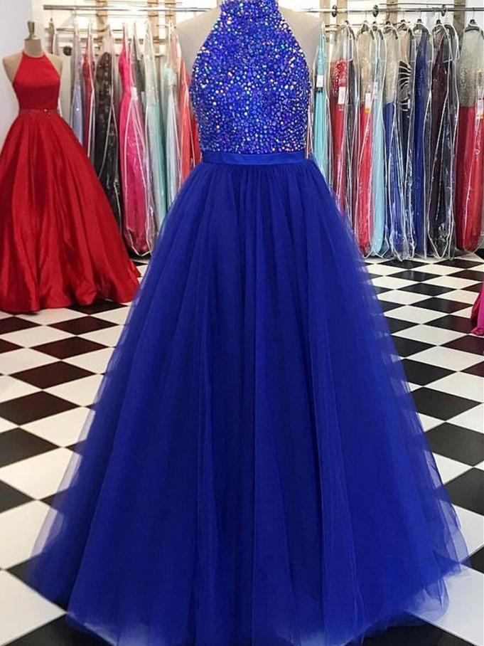 BohoProm prom dresses A-line Halter Floor-Length Tulle Sequined Royal Blue Prom Dresses HX0051