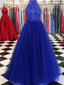 A-line Halter Floor-Length Tulle Sequined Royal Blue Prom Dresses HX0051