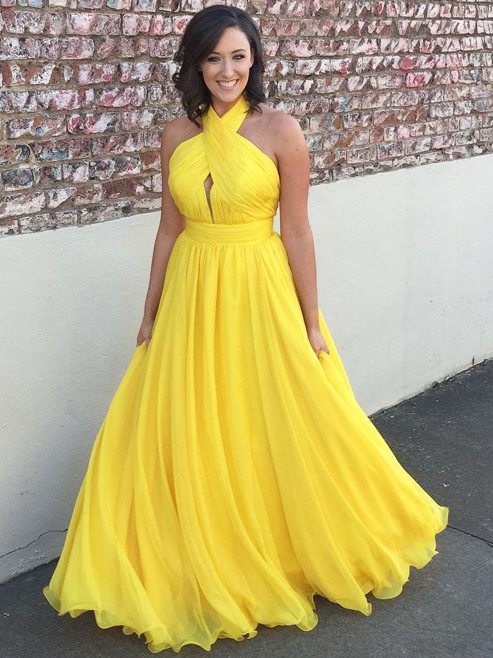BohoProm prom dresses A-line Halter Sweep Train Chiffon Simple Yellow Prom Dress 3061