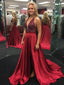 A-line Halter Sweep Train Satin Sequined Burgundy Prom Dress 3069