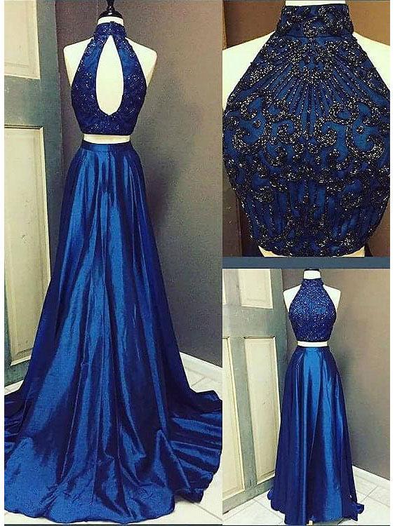 BohoProm prom dresses A-line Halter  Sweep Train Taffeta Beaded Royal Blue Prom Dresses 3037