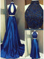 A-line Halter  Sweep Train Taffeta Beaded Royal Blue Prom Dresses 3037