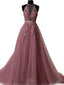A-line Halter Sweep Train Tulle Appliqued Sequined Beaded Evening Dress 3049
