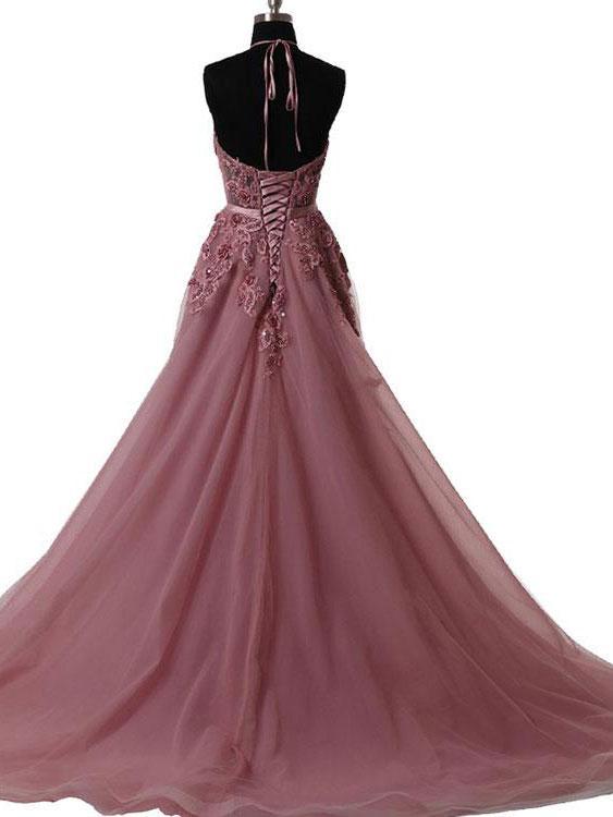 BohoProm prom dresses A-line Halter Sweep Train Tulle Appliqued Sequined Beaded  Prom Dress 3049