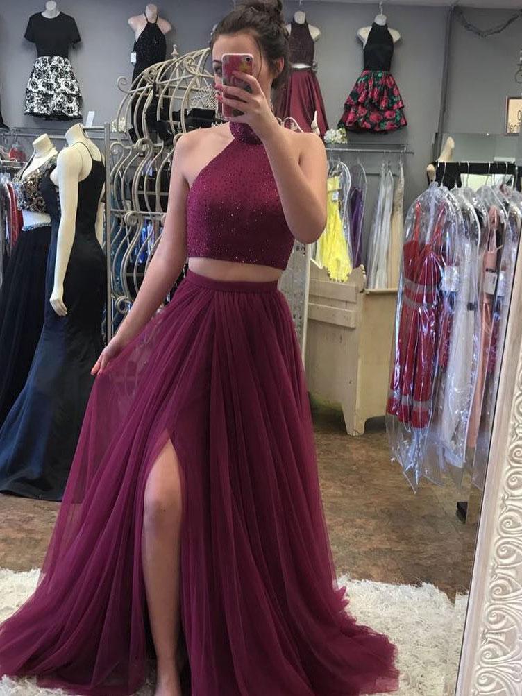 BohoProm prom dresses A-line Halter Sweep Train Tulle Rhine Stone Two Piece Burgundy Prom Dresses 3032