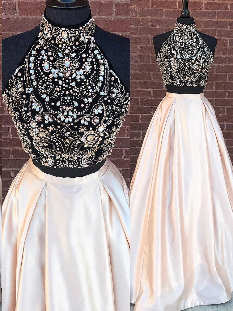 BohoProm prom dresses A-line High-neck Halter Floor-length Satin Two Piece Prom Dresses  2888
