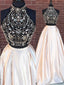 A-line High-neck Halter Floor-length Satin Two Piece Prom Dresses  2888