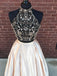 BohoProm prom dresses A-line High-neck Halter Floor-length Satin Two Piece Prom Dresses  2888