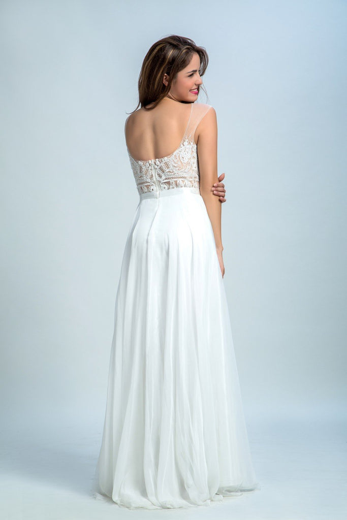 BohoProm prom dresses A-line Illusion Floor-Length Chiffon Lace White Prom Dresses 2921