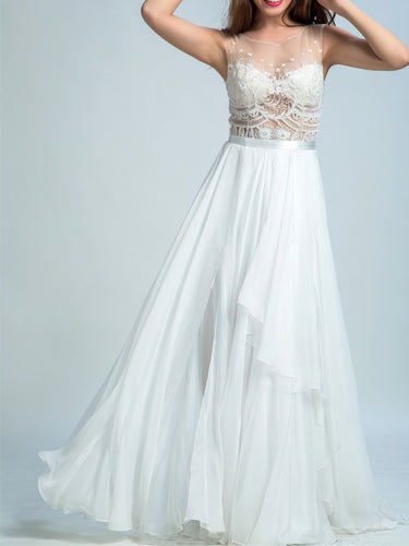 BohoProm prom dresses A-line Illusion Floor-Length Chiffon Lace White Prom Dresses 2921