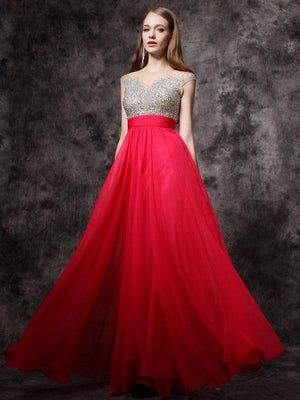 BohoProm prom dresses A-line Illusion Floor-Length Chiffon Sequined Prom Dress 3122