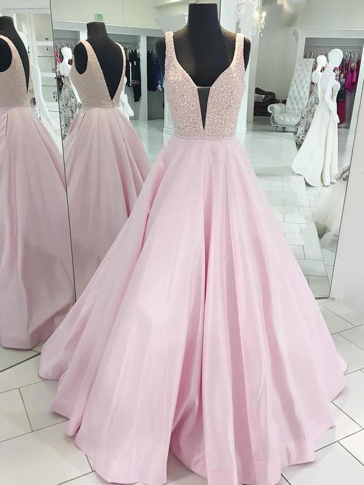 BohoProm prom dresses A-line Illusion Floor-Length Satin Rhine Stone Pink Prom Dress 3075