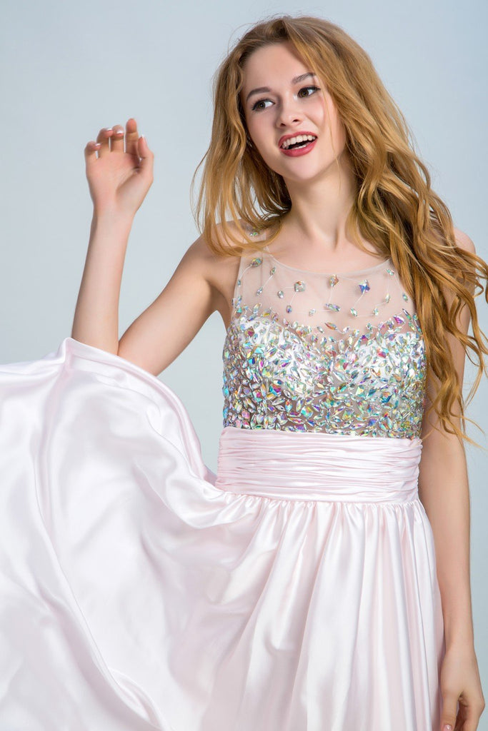 BohoProm prom dresses A-line Illusion Floor-Length Satin Rhine Stone Prom Dresses 2924