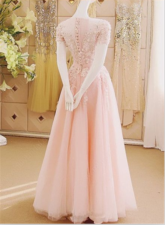 BohoProm prom dresses A-line Illusion Floor-Length Tulle Appliqued Pink Prom Dresses ASD2569