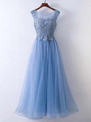 BohoProm prom dresses A-line Illusion Floor-Length Tulle Appliqued Rhine Stone Prom Dress 3113