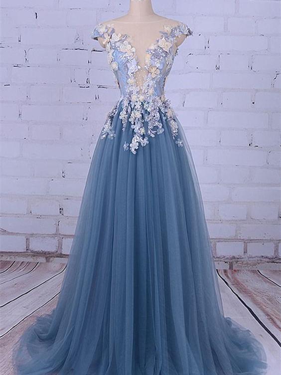BohoProm prom dresses A-line Illusion Sweep Train Tulle Appliqued Beaded Prom Dresses ASD2673