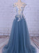BohoProm prom dresses A-line Illusion Sweep Train Tulle Appliqued Beaded Prom Dresses ASD2673