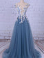 A-line Illusion Sweep Train Tulle Appliqued Beaded Prom Dresses ASD2673